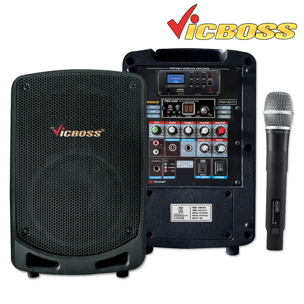 VICBOSS PWA-V621V PWA-V621V 빅보스 소형 충전식 앰프 150W, 리튬 이온 배터리, 블루투스, USB, 녹음, 에코, 200MHz 1채널 무선 마이크